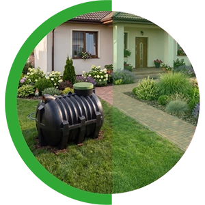 zarny zbiornik przydomowej oczyszczalni ścieków na trawniku przed domem.