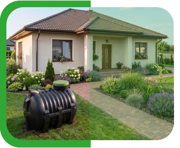 Zbiornik przydomowej oczyszczalni ścieków przed domem w dekoracyjnej, zielonej oprawie graficznej.